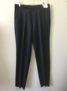 JACK VICTOR/SY DEVOR, Navy Blue, White, Wool, Stripes - Pin, Dark Navy with Dotted White Pinstripes, Single Pleated, Button Tab Waist, Zip Fly, 4 Pockets, Straight Leg