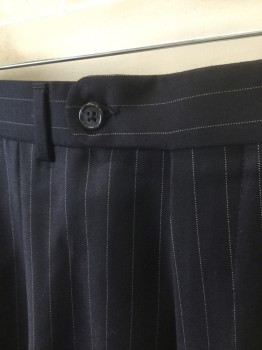 JACK VICTOR/SY DEVOR, Navy Blue, White, Wool, Stripes - Pin, Dark Navy with Dotted White Pinstripes, Single Pleated, Button Tab Waist, Zip Fly, 4 Pockets, Straight Leg