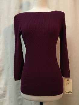 Womens, Pullover Sweater, TOMMY HILFIGER, Purple, Cotton, Cable Knit, M, Purple, Cable Knit, Round Neck,