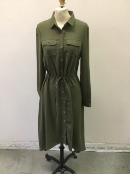 WEST WOMAN, Olive Green, Polyester, Solid, Button Front, Collar Attached, Drawstring Waist, Long Sleeves, 2 Pockets with Button Down Flaps
