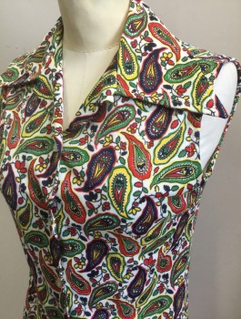 Womens, Top, AMERICAN RAG, Multi-color, White, Red, Green, Yellow, Polyester, Paisley/Swirls, B:36, S, Stretchy Material, Sleeveless, Button Front, Oversized Collar Attached,