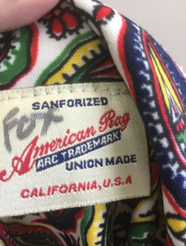 AMERICAN RAG, Multi-color, White, Red, Green, Yellow, Polyester, Paisley/Swirls, Stretchy Material, Sleeveless, Button Front, Oversized Collar Attached,