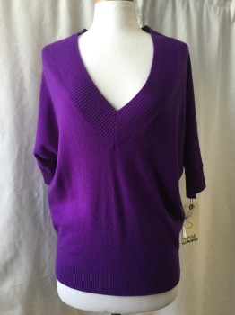 Womens, Pullover Sweater, CATHERINE MALANDRINO, Purple, Wool, Cashmere, Solid, S, V-neck, Short Sleeves, Ribbed Trim