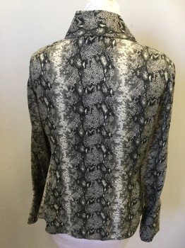 Womens, Blouse, INC, Black, Beige, Silk, Reptile/Snakeskin, L, Button Front, Collar Attached, Long Sleeves, Extended Cuff, (missing One Button in Middle) Late 1990s, Early 2000s
