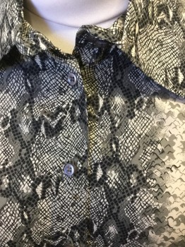 Womens, Blouse, INC, Black, Beige, Silk, Reptile/Snakeskin, L, Button Front, Collar Attached, Long Sleeves, Extended Cuff, (missing One Button in Middle) Late 1990s, Early 2000s