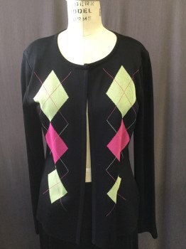 Womens, Suit, Jacket, MISOOK, Black, Sage Green, Pink, Acrylic, Solid, Argyle, S, Knit, Open Front W/hook and Eye Top Closure, Crew Neck, Argyle Print on Front