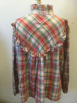 LUCKY ME, Multi-color, Red, Orange, Green, Lt Blue, Polyester, Cotton, Plaid, Long Sleeves, Pullover, Yoke with Ruffle, Band Collar with Ruffle. Elastic at Wrists