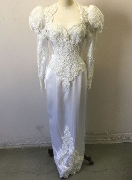 Womens, Wedding Dress, N/L, White, Polyester, Solid, Floral, W:26, B:36, Satin with Off White Lace in Ornate Pattern Across Bodice, Shoulders, Upper Back and Sleeves,with Pearls and Clear Sequined Detail Throughout, V Shaped Detail at Waist, Long Sleeves, Top of Sleeves are Puffy Tulle While Rest of Sleeve is Form Fitting, Plunging Sweetheart Bust, Open Detail at Back Shoulders with Hanging Beads, Oversized Self Fabric Bow with 2 Rosettes at Bum, Floor Length Tapered Skirt,