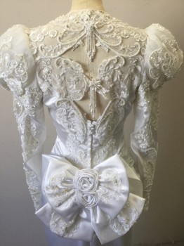 Womens, Wedding Dress, N/L, White, Polyester, Solid, Floral, W:26, B:36, Satin with Off White Lace in Ornate Pattern Across Bodice, Shoulders, Upper Back and Sleeves,with Pearls and Clear Sequined Detail Throughout, V Shaped Detail at Waist, Long Sleeves, Top of Sleeves are Puffy Tulle While Rest of Sleeve is Form Fitting, Plunging Sweetheart Bust, Open Detail at Back Shoulders with Hanging Beads, Oversized Self Fabric Bow with 2 Rosettes at Bum, Floor Length Tapered Skirt,