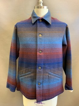 Mens, Jacket, PENDELTON, Blue, Navy Blue, Brown, Red Burgundy, Wool, Stripes - Horizontal , L, Collar Attached, Single Breasted, Button Front, 2 Slant Pockets