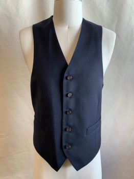 LAUREN RALPH LAUREN, Midnight Blue, Wool, Solid, 5 Button Vest, 2 Pockets, Solid Satin Back with Self Attached Belt/Buckle
