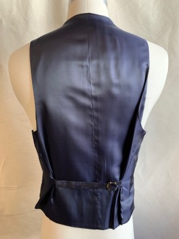 LAUREN RALPH LAUREN, Midnight Blue, Wool, Solid, 5 Button Vest, 2 Pockets, Solid Satin Back with Self Attached Belt/Buckle