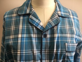 Mens, Sleepwear PJ Top, SOMNIA & RETEASE, Turquoise Blue, Navy Blue, White, Polyester, Cotton, Plaid, Medium, Button Front, Long Sleeves, 1 Pocket, Navy Piping,