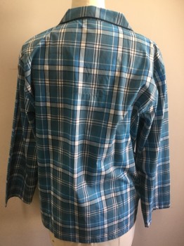 Mens, Sleepwear PJ Top, SOMNIA & RETEASE, Turquoise Blue, Navy Blue, White, Polyester, Cotton, Plaid, Medium, Button Front, Long Sleeves, 1 Pocket, Navy Piping,