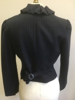 Womens, Blazer, REBECCA TAYLOR, Charcoal Gray, Gray, Wool, Spandex, Stripes - Pin, 6, Charcoal with Gray Pinstripes, 5 Small Buttons, V-neck with Self Ruffled Trim, Fitted, 2 Welt Pockets