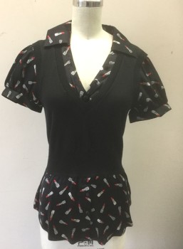 Womens, Top, N/L, Black, White, Red, Silk, Spandex, Novelty Pattern, Solid, XS, Black with White and Red Lipsticks Pattern Satin, Short Sleeve Blouse with Black Solid Knit "Vest" Attached, V-neck, Collar Attached, Puffy Sleeves, 2000's
