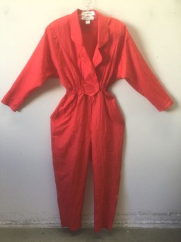 Womens, Jumpsuit, MICHELLE STUART, Red, Polyester, Solid, W24-30, B32-36, H<44", Long Sleeves, Heavily Padded Shoulders, Elastic Smocked Waist, Surplice Wrapped Neckline with Rounded Notched Lapel, Velcro Closure at Waist,