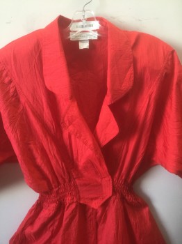 MICHELLE STUART, Red, Polyester, Solid, Long Sleeves, Heavily Padded Shoulders, Elastic Smocked Waist, Surplice Wrapped Neckline with Rounded Notched Lapel, Velcro Closure at Waist,