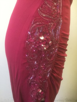 Womens, Evening Gown, ROBERTO CAVALLI, Fuchsia Pink, Viscose, Spandex, Solid, Sz.2, Stretchy Material, Sleeveless, Round Neck,  Ruched at Side with Sequinned and Beaded Detail at Side and Back Shoulders, Open Back, Floor Length