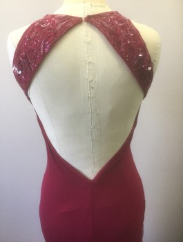 Womens, Evening Gown, ROBERTO CAVALLI, Fuchsia Pink, Viscose, Spandex, Solid, Sz.2, Stretchy Material, Sleeveless, Round Neck,  Ruched at Side with Sequinned and Beaded Detail at Side and Back Shoulders, Open Back, Floor Length