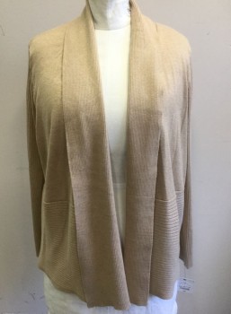LIZ CLAIBORNE WOMAN, Beige, Rayon, Polyester, Solid, Lightweight Knit, Open at Center Front with No Closures, Ribbed Knit at Sleeves, Lower Half, and Opening at Front