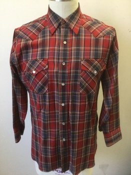Mens, Western Shirt, PENDLETON, Red, Charcoal Gray, Black, White, Brown, Wool, Plaid, L, Long Sleeves, Gray and Silver Snap Closures at Front, Collar Attached, Western Style Yoke and Pocket Flaps, 2 Pockets, Vintage