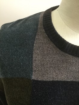 FALLS CREEK, Charcoal Gray, Navy Blue, Olive Green, Gray, Beige, Acrylic, Rayon, Color Blocking, Chenille Knit with Different Color Squares, Pullover, Crew Neck,