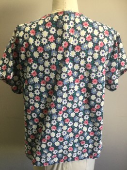 MADE IN MEXICO, Navy Blue, White, Lt Blue, Pink, Green, Poly/Cotton, Floral, V-neck, Short Sleeves, 1 Pocket,