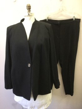MARINA RINALDI, Black, Viscose, Wool, Solid, Diagonal Ribbed Knit, Single Breasted, 1 Button, Long Sleeves, Band Collar, 2 Pockets