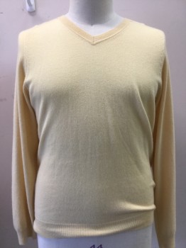 Mens, Pullover Sweater, N/L, Lt Yellow, Cashmere, Solid, 2XL, Long Sleeves, V-neck, Pull Over