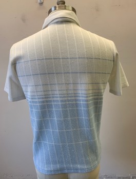 ROYALE AIR, White, Powder Blue, Polyester, Stripes, Solid, White on Top/Powder Blue on Bottom with Thin Stripes in Middle, Textured Knit, Short Sleeves, Collar Attached, 2 Buttons, 1 Patch Pocket, Late 1970's/Early 1980's