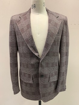 MONSENFELDERS, Gray, Red Burgundy, Polyester, Wool, Plaid, Notched Lapel, Single Breasted, Button Front, 2 Buttons, 3 Pockets