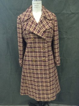 Womens, Coat, N/L, Dk Purple, Tan Brown, Black, Brown, Orange, Wool, Grid , Tweed, W 30, B 36, Double Breasted, Collar Attached, Peaked Lapel, Long Sleeves, Tab Back Waist Attached, Button Belted Cuff, Pleated Center Back From Waist,