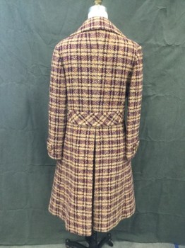 Womens, Coat, N/L, Dk Purple, Tan Brown, Black, Brown, Orange, Wool, Grid , Tweed, W 30, B 36, Double Breasted, Collar Attached, Peaked Lapel, Long Sleeves, Tab Back Waist Attached, Button Belted Cuff, Pleated Center Back From Waist,