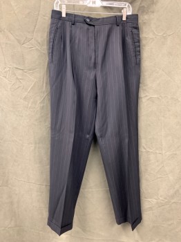 N/L, Midnight Blue, White, Wool, Stripes - Pin, Double Pleats, 4 Pockets, Zip Fly, Button Tab Closure, Belt Loops, Suspender Buttons,