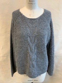 Womens, Pullover, MAX STUDIOS, Heather Gray, Polyester, Spandex, Cable Knit, M, Scoop Neck, Cable Knit Down Center, Raglan Long Sleeves
