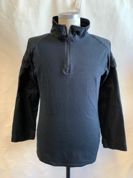 N/L, Black, Polyester, Cotton, Solid, Flannel Body, Pullover, 1/4 Zip Front, Goretex Stand Collar, Goretex Sleeves with Pockets, Velcro Cuffs