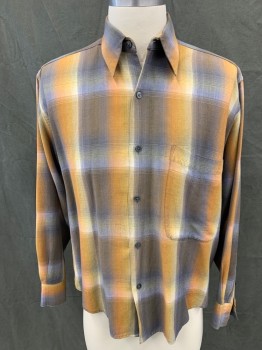 BILL ROBINSON, Gray, Orange, White, Blue, Rayon, Linen, Plaid, Button Front, Collar Attached, Long Sleeves, Button Cuff, 1 Pocket,