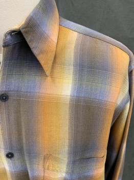 BILL ROBINSON, Gray, Orange, White, Blue, Rayon, Linen, Plaid, Button Front, Collar Attached, Long Sleeves, Button Cuff, 1 Pocket,