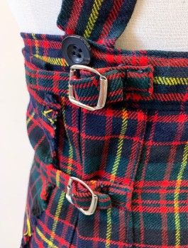 Childrens, Jumper, N/L, Navy Blue, Red, Yellow, Wool, Plaid, W:21, Above-Knee Skirt with Pleats, 2 Silver Buckles at Hip, 1" Wide Straps Attached That Cross in Back