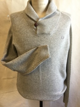 Mens, Pullover Sweater, FRED PERRY, Lt Gray, Wool, Heathered, M, Interlock, 1 Button, Shawl Collar, Collar is Mix Zig Zag and Rib Knit,