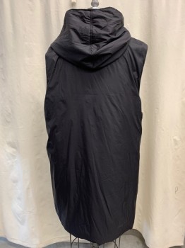 ASOS, Black, Nylon, Polyester, Solid, Down/Puffer, Sleeveless, Asymmetric Button Front, 2 Side Welt Pockets, Attached Hood, Above the Knee Length