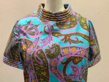 INDIA, Turquoise Blue, Avocado Green, Lavender Purple, Pink, Silk, Abstract , Floral, Short Sleeves, Quilted Mock Turtle Neck and Short Sleeves. Princess Seams, Center Back Zipper, Silk Shredding at Shoulder and Sleeve Edges Exposing Blue Lining See Detail Photos