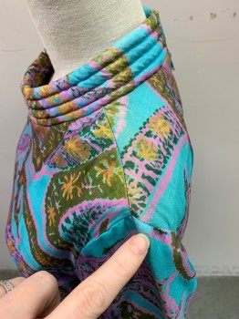 INDIA, Turquoise Blue, Avocado Green, Lavender Purple, Pink, Silk, Abstract , Floral, Short Sleeves, Quilted Mock Turtle Neck and Short Sleeves. Princess Seams, Center Back Zipper, Silk Shredding at Shoulder and Sleeve Edges Exposing Blue Lining See Detail Photos