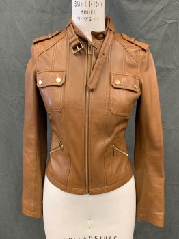 MICHAEL KORS, Brown, Leather, Solid, Gold Zip Front, 4 Pockets, Gold Hardware, Stand Collar with Self Belt and Belt Loops, Epaulets, Long Sleeves, with Zip Sleeve Hem *Some Spots on Leather*