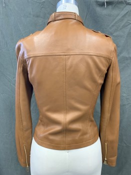 MICHAEL KORS, Brown, Leather, Solid, Gold Zip Front, 4 Pockets, Gold Hardware, Stand Collar with Self Belt and Belt Loops, Epaulets, Long Sleeves, with Zip Sleeve Hem *Some Spots on Leather*