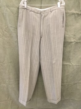 VALENTI, Heather Gray, White, Wool, Stripes, Flat Front, Zip Fly, Belt Loops, 4 Pockets, Cuffed Hem, Suspender Buttons