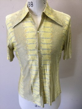 Mens, Shirt Disco, SEARS MEN'S FASHION, Lemon Yellow, Slate Blue, Mustard Yellow, Synthetic, Abstract , Reptile/Snakeskin, M, Ribbed Shiny Stretchy Material with Scales/Snakeskin Pattern, Short Sleeve Button Front, Collar Attached, Disco Club,