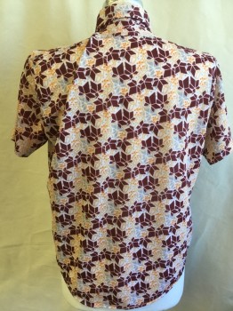 MONTGOMERY WARD, Maroon Red, Lt Gray, Lt Brown, Orange, Off White, Polyester, Abstract , Leaves/Vines , Collar Attached, Button Front, 1 Pocket, Short Sleeves, Curved Hem