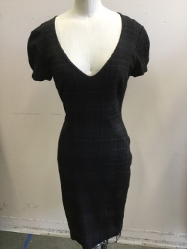 L'AGENCE, Charcoal Gray, Gray, Black, Wool, Cotton, Plaid, Deep/wide V-neck, Cap Sleeves, Fitted, Zip Back , 1 Hook & Eye